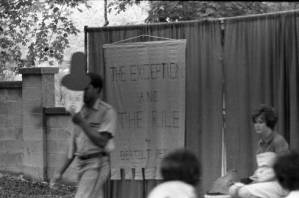Actors performing Bertolt Brecht's play "The Exception and the Rule" in an outdoor venue, 1969
