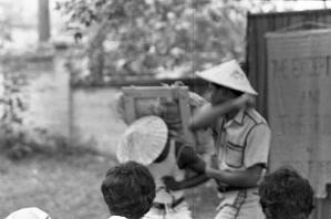 Actors performing Bertolt Brecht's play "The Exception and the Rule" in an outdoor venue, 1969
