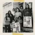 Women stand with signs, "It's Our Turn, Support the Boycott, Don't Buy Farah Pants"