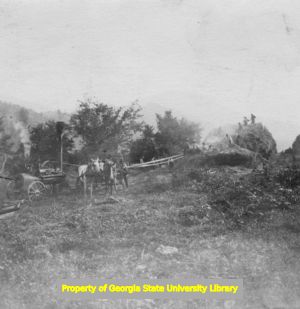Steam and horse-powered agricultural machinery in a field, C. J. French collection