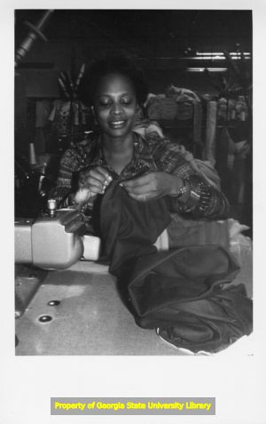 A union seamstress stitching a garment at Carla Gay Inc., Atlanta, Georgia, October 1978.