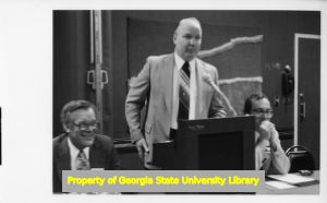 Roe Spencer speaking at union event, 1978.