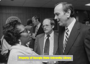 Georgia Governor George Busbee meeting constituents at a Georgia State AFL-CIO Legislative Reception, Atlanta, Georgia, February 14, 1975.