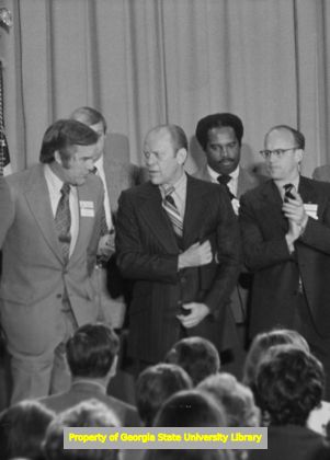 Hebert H. Mabry and President Gerald Ford at the White House Conference on Domestic and Economic Affairs, Atlanta, Georgia, February 3, 1975.