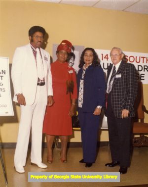 Coretta Scott King with E. L. Abercrombie and others at a Laundry Workers Union Local 218 event, Atlanta, Georgia, early 1970s.