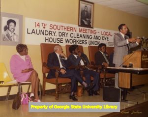 Stage and speakers at the 14th Southern Meeting of Laundry Workers Union Local 218, Atlanta, Georgia, circa 1970s.