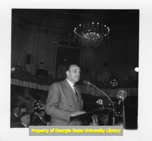Man speaking at a CIO Constitutional Convention, Chicago, Illinois, November 1950.