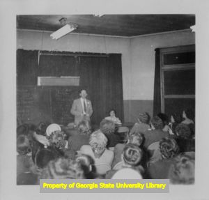 Man speaking at an Amalgamated Clothing Workers of America meeting, Knoxville, Tennessee, 1950s.
