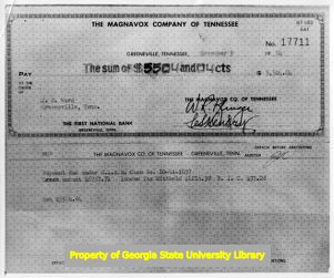 Back pay check from the Magnavox Company, Greeneville, Tennessee, November 9, 1954.