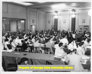 Audience member speaking at Mississippi Labor Council convention, Jackson, Mississippi, April 1958.
