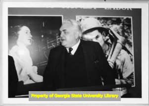 Georgia State University President Noah Langdale speaking at exhibit opening, Atlanta, Georgia, 1984.