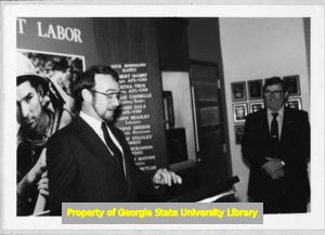 Philip LaPorte, Professor at Georgia State University, speaks at exhibit opening, Atlanta, Georgia, December 12, 1984.