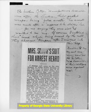 Newspaper article about AFL photographer Mrs. E. B. Smith's arrest during the Fulton Bag and Cotton Mill strike