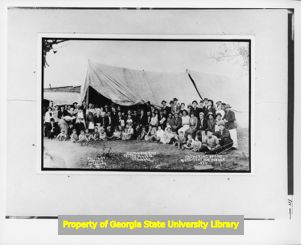Textile workers gather at the mess tent during the Fulton Bag and Cotton Mill strike