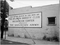 Sign advertising the Atlanta Variety Club Recreation Center, operated by the Salvation Army, Atlanta, Georgia, June 27, 1948.
