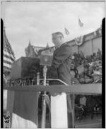President Franklin Roosevelt speaking to a huge crowd at Grant Field, 1935