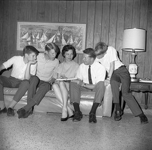 Jimmy Carter with family members in their Plains, Georgia home during Carter's first campaign for governor, 1966