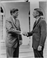 John F. Kennedy and Charles L. Weltner shaking hands outside the White House, April 25, 1963