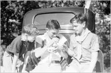 Young Boy Scouts feeding a baby Opossum with pipette, two chipmunks are crawling on boys' shirts, Georgia, July 1937