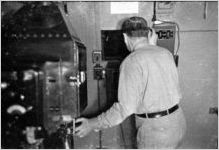 Movie theater projection booth, Atlanta, Georgia, 1930s or 1940s