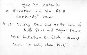 Postal card invitation to an October 2, 1983 discussion on the RFD "community" issue, Atlanta, Georgia.