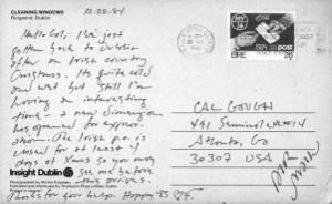 Franklin Abbott (Dublin, Ireland), to Cal Gough (Atlanta, Georgia), postcard, December 28, 1984.