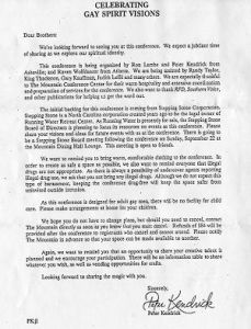 Celebrating Gay Spirit Visions, form-letter from Peter Kendrick announcing the 1991 conference, Asheville, North Carolina, August 1991.