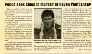 Police seek clues in murder of Raven Wolfdancer / KC Wildmoon. -- In Southern Voice, December 23, 1993, p.3.