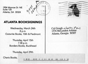 Franklin Abbott's Mortal Love: Selected Poems, 1973-1998, postcard announcing book-signings in three Atlanta bookstores, Atlanta, Georgia, postmarked March 21, 1999.