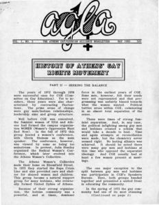 Athens Gay/Lesbian Alliance Newsletter (Athens, Georgia), volume 1, number 5 (May 1985). (11 pages)