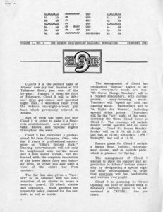 Athens Gay/Lesbian Alliance Newsletter (Athens, Georgia), volume 1, number 2 (February 1985). (5 pages)