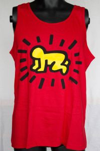 Sleeveless t-shirt depicting Keith Haring cartoon of figure crawling with action lines surrounding it [t-shirt], circa 1980s