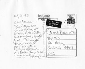 Franklin Abbott (Ireland), to James Broughton (Mill Valley, California), postcard, September 26, 1983.