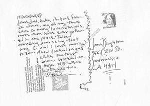 Franklin Abbott (Atlanta, Georgia), to James Broughton and Joel Singer (San Francisco, California), postcard, October 14, 1987.
