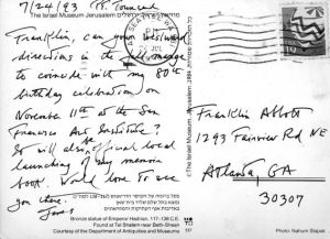James Broughton (Port Townsend, Washington) to Franklin Abbott (Atlanta, Georgia), postcard, July 24, 1993. (1 side of postcard).