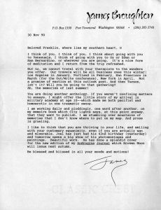 James Broughton (Port Townsend, Washington) to Franklin Abbott (Atlanta, Georgia), letter, November 30, 1990 (1 page).
