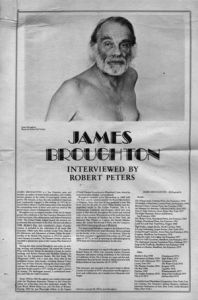 "James Broughton, Interviewed by Robert Peters," interview copyright 1980, by James Broughton. 6 pages, printed on newsprint.