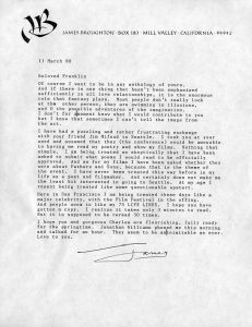 James Broughton (Mill Valley, California), to Franklin Abbott (Atlanta, Georgia), letter, March 11, 1988. (2 leaves)