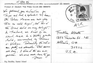 James Broughton (Thailand), to Franklin Abbott (Atlanta, Georgia), postcard, January 15, 1996. (1 card)