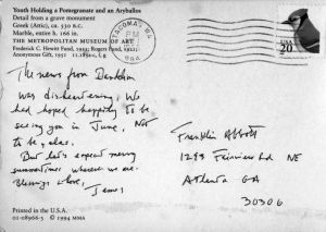 James Broughton (Port Townsend, Washington), to Franklin Abbott (Atlanta, Georgia), postcard, postmarked April 1, 1996. (1 card)