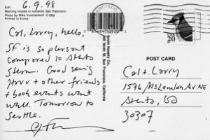 Franklin Abbott (San Francisco, California ), to Cal Gough (Atlanta, Georgia), postcard, June 9, 1998. (1 card)