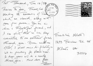 James Broughton (Port Townsend, Washington), to Franklin Abbott (Atlanta, Georgia), postcard, January 12, 1994