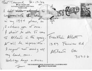 James Broughton (Port Townsend, Washington), to Franklin Abbott (Atlanta, Georgia), postcard, December 13, 1993