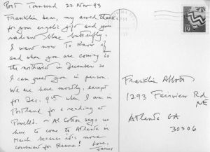 James Broughton (Port Townsend, Washington), to Franklin Abbott (Atlanta, Georgia), postcard, November 22, 1993