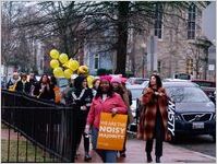 Woman wearing a pussy hat and carrying We are the Noisy Majority sign, Women's March on Washington, 2017-01-21