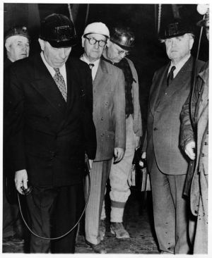 John L. Lewis with Oscar Chapman at Orient No. 2 coal mine after explosion, 1951-12-25