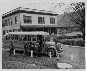 Bus transportation used by bituminous coal miners at Consolidation Coal Company's Mine No. 32 in Owings, West Virginia, circa 1960s
