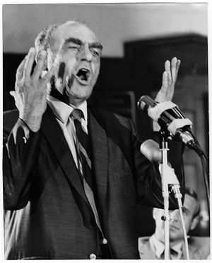 Joseph Yablonski addresses supporters at a rally in Princeton, West Virginia on Labor Day, 1969-09-01