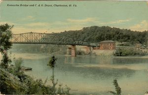 Illustration of Kanawha Bridge and Depot in Charleston, West Virginia, circa 1910s