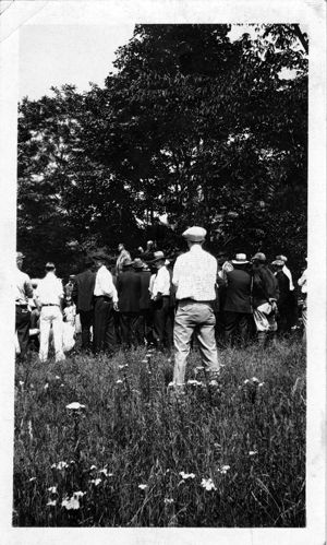 Miners gathering at rally in field, circa 1920s